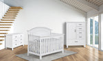 Load image into Gallery viewer, Como curved top crib, double dresser, &amp; chifforobe, shown in vintage white
