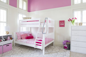 Maxtrix twin over full bunk bed, shown in white with five drawer chest