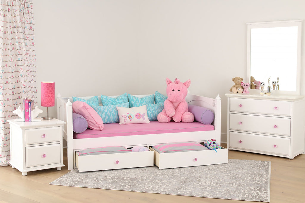 Maxtrix two drawer underbed storage unit, shown in white underneath a twin daybed.