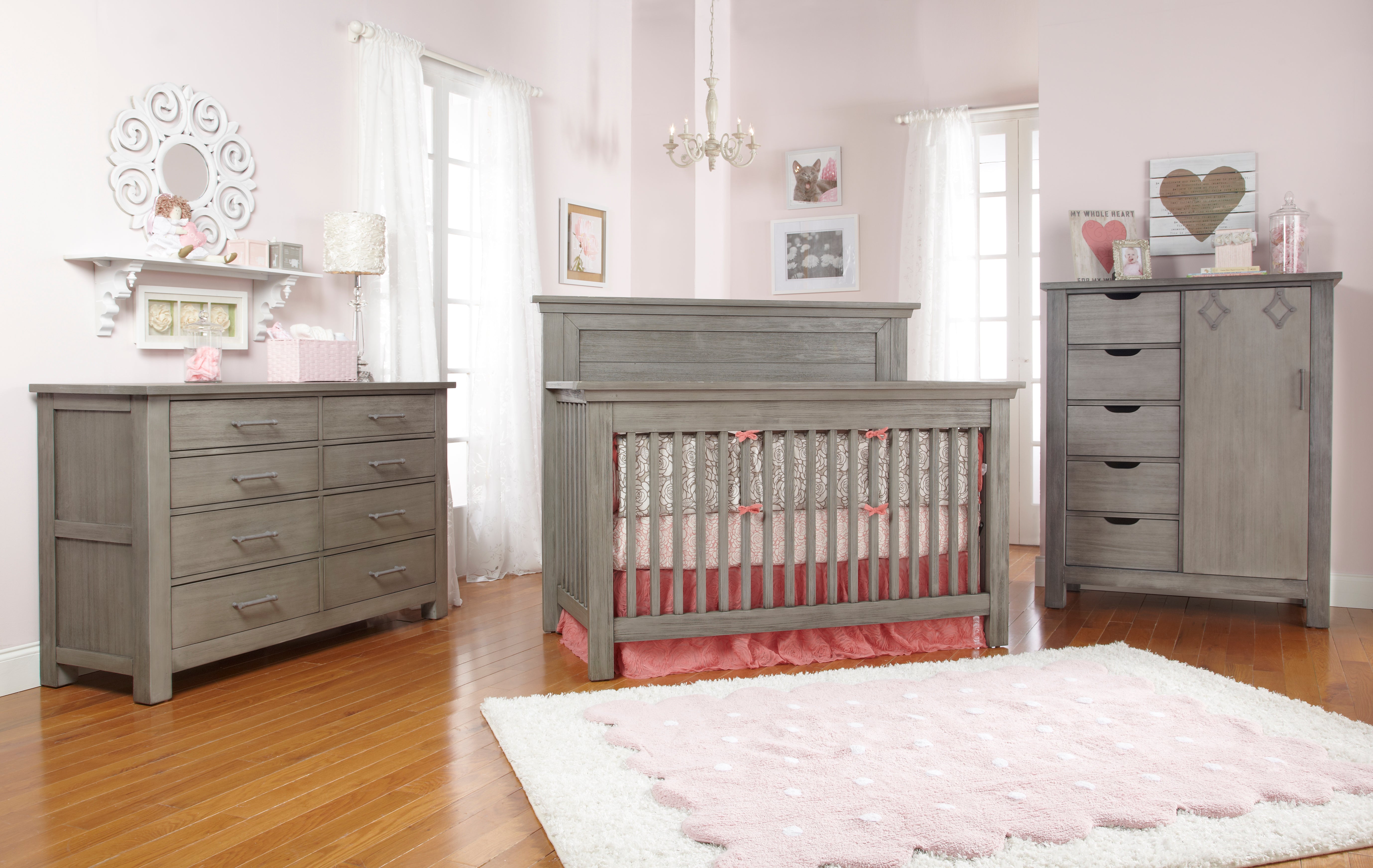 Lucca collection (crib, double dresser, & chifforobe), shown in weathered grey