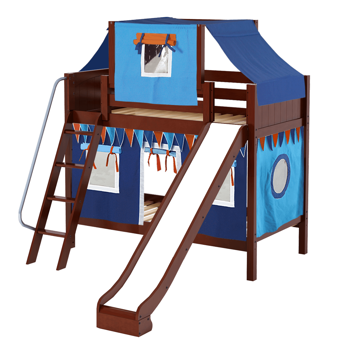 Maxtrix panel style twin over twin bunk bed with angled ladder, slide, & top & lower blue tents, shown in chestnut 